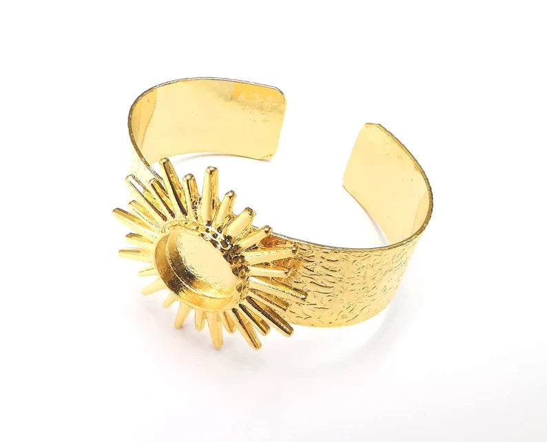 Sun Bracelet Blank Resin Dry Flower inlay Blank Cuff Bezel Glass Cabochon Base Textured Adjustable Shiny Gold Plated (16mm ) G27793