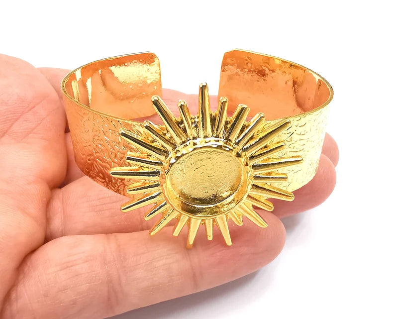 Sun Bracelet Blank Resin Dry Flower inlay Blank Cuff Bezel Glass Cabochon Base Textured Adjustable Shiny Gold Plated (16mm ) G27793