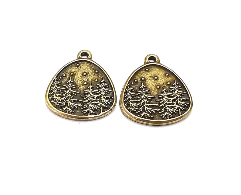 Winter Mountain Landscape Pine Tree Oval Pendant Charms Antique Bronze Plated Charms (25x22mm) G27542