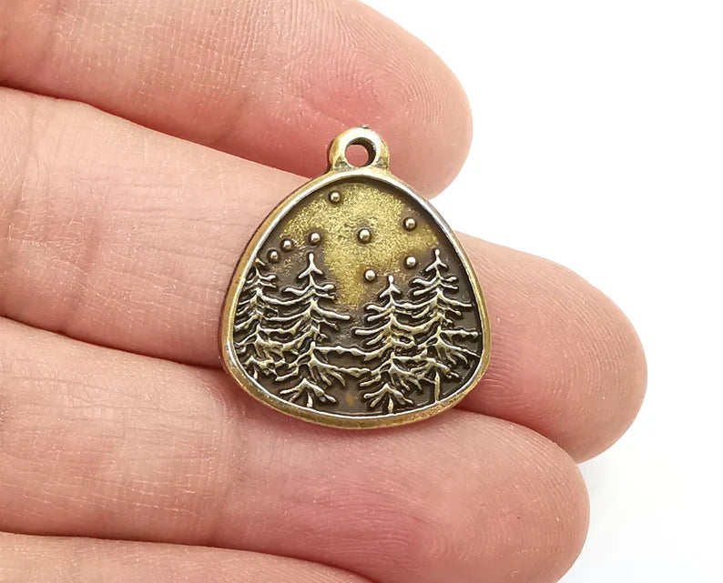 Winter Mountain Landscape Pine Tree Oval Pendant Charms Antique Bronze Plated Charms (25x22mm) G27542