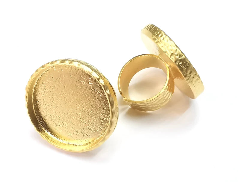 Hammered Ring Blank Setting Cabochon Base inlay Ring Hammered Mounting Adjustable Ring Bezel (30mm blank ) Gold Plated G27649