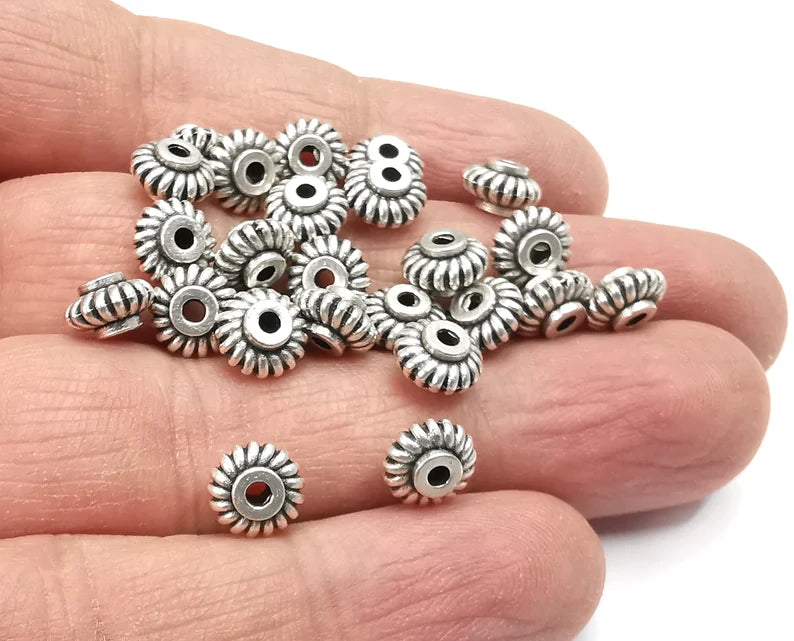 Ribbed Round Beads Antique Silver Plated Beads (8mm) G27650