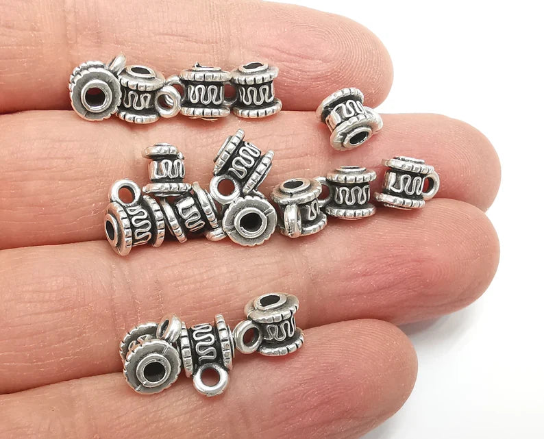 Cylinder Round Beads Loop Charms Antique Silver Plated Beads (10x7mm) G27653