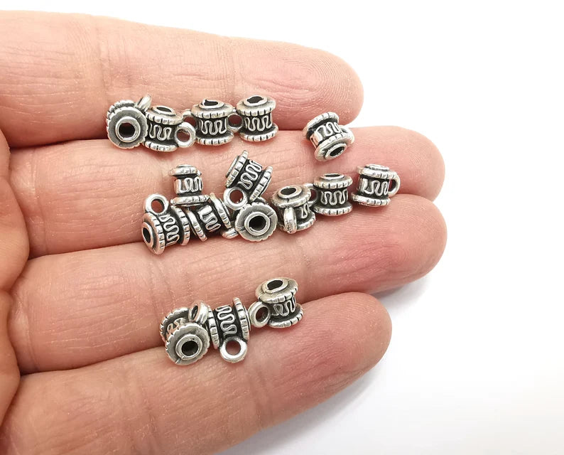Cylinder Round Beads Loop Charms Antique Silver Plated Beads (10x7mm) G27653