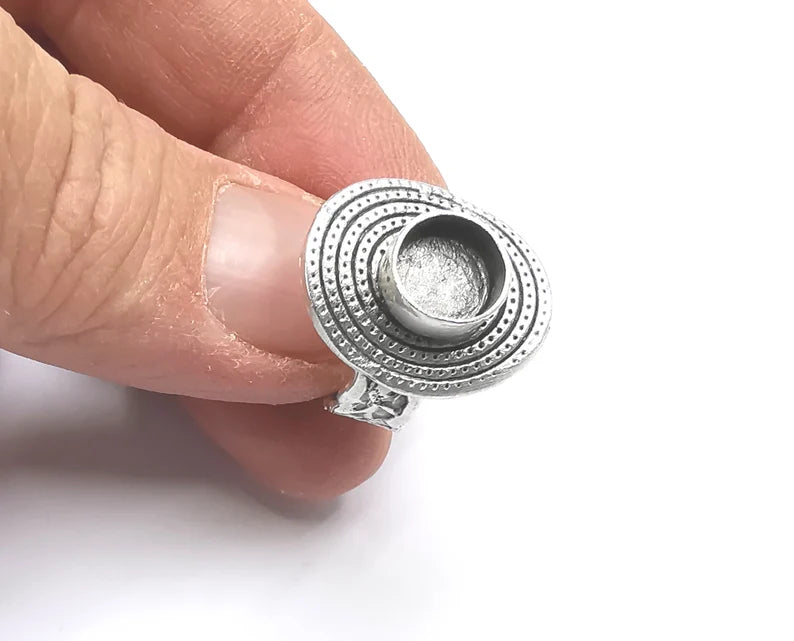 Ethnic Silver Ring Blank Base Bezel Settings Cabochon Base Mountings Adjustable Antique Silver Plated Brass (8mm Blank) G27658