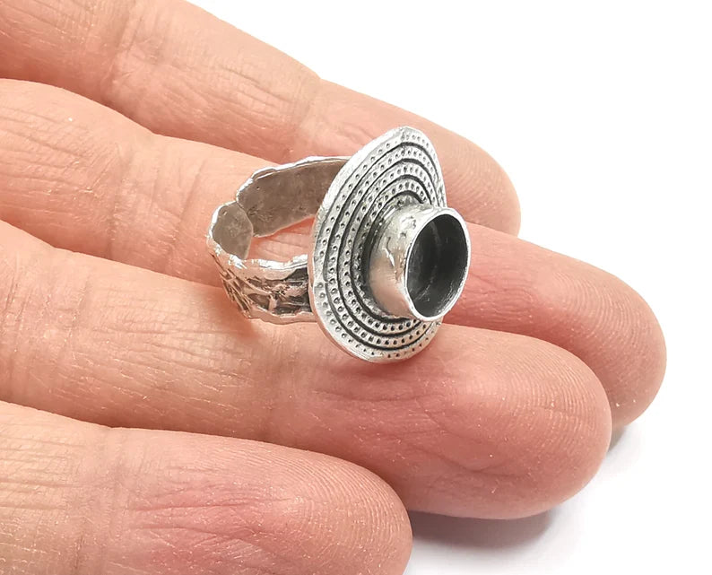 Ethnic Silver Ring Blank Base Bezel Settings Cabochon Base Mountings Adjustable Antique Silver Plated Brass (8mm Blank) G27658