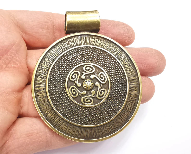 Ethnic Round Pendant Antique Bronze Plated Pendant (75x62mm) G27660