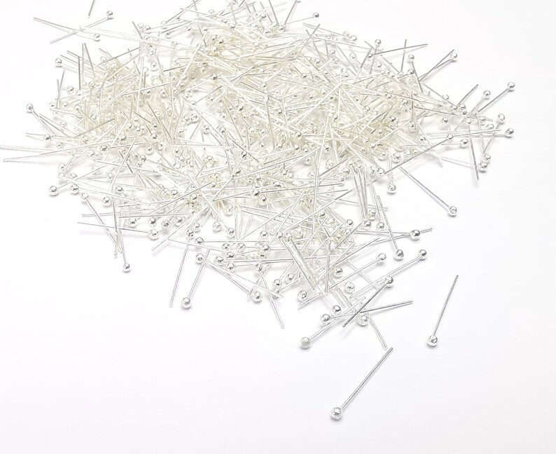 50 Pcs Sterling Silver Ball Head Pins 0.4'', 28ga (Length 0.4inch-10mm) (Thickness 0.32mm - 28 Gauge) 925 Solid Silver Ball Head pin G30221