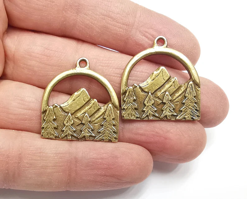 Mountain Landscape Pine Tree Pendant Charms Antique Bronze Plated Pendant (29x26mm) G27682