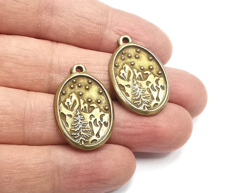 Winter Mountain Landscape Pine Tree Oval Pendant Charms Antique Bronze Plated Charms (29x19mm) G27702