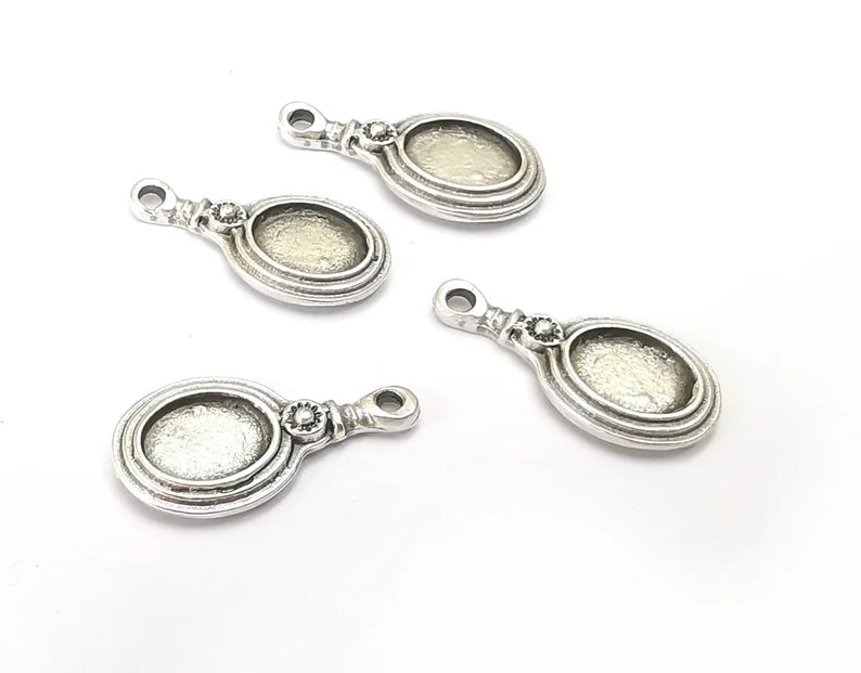 Ethnic Silver Charms Blank Bezel Settings Antique Silver Plated Charms (20x10mm)(8x6mm Blank) G27844