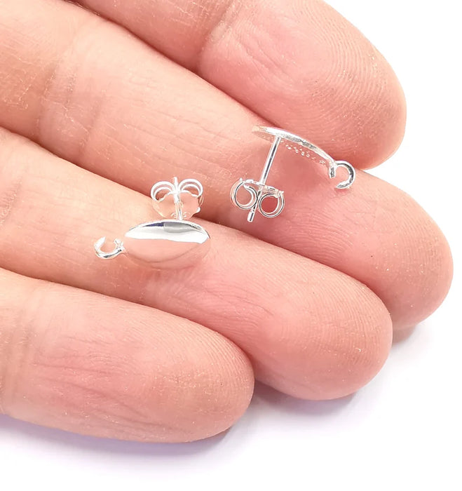 Sterling Silver Earring Posts 2 Pcs (1 pair) 925 Silver Earring Needle with Loop Findings (13x8mm oval) G30289
