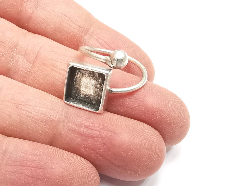 Wrap Ball Square Blank Silver Ring Setting Cabochon Mounting Adjustable Ring Base Bezel Antique Silver Plated Brass (10mm blank) G27707