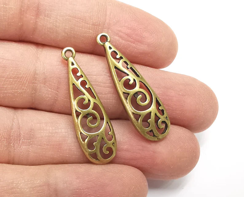 Drop Filigree Charms Antique Bronze Plated Charm (34x10mm) G27715