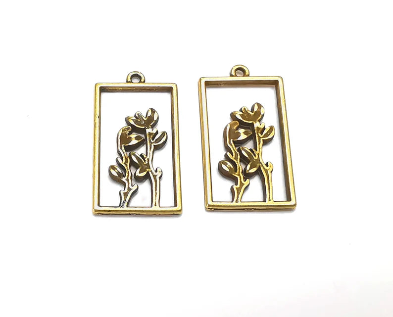 Flower Branch Plant Leaf Charms Antique Bronze Plated Charm (27x15mm) G27716
