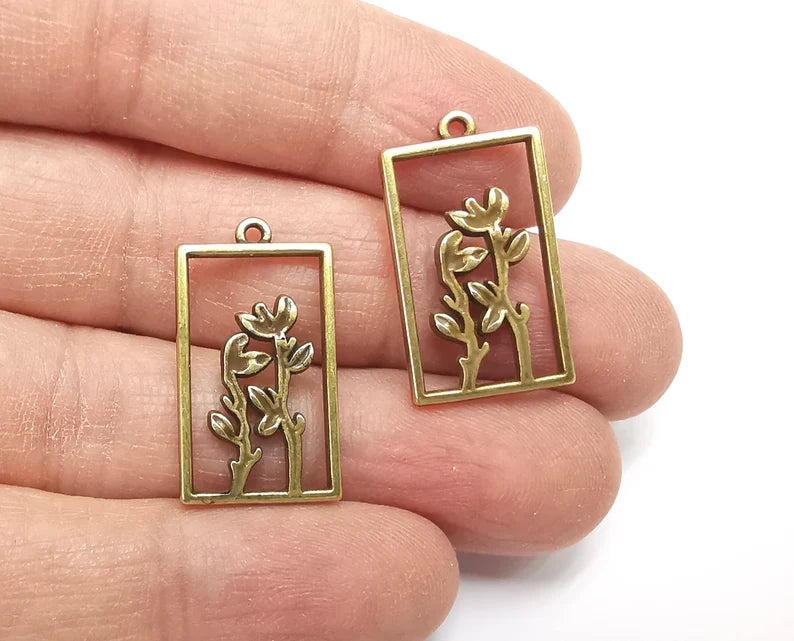 Flower Branch Plant Leaf Charms Antique Bronze Plated Charm (27x15mm) G27716