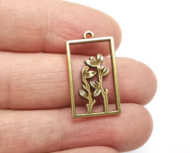 Flower Branch Plant Leaf Charms Antique Bronze Plated Charm (27x15mm) G27716