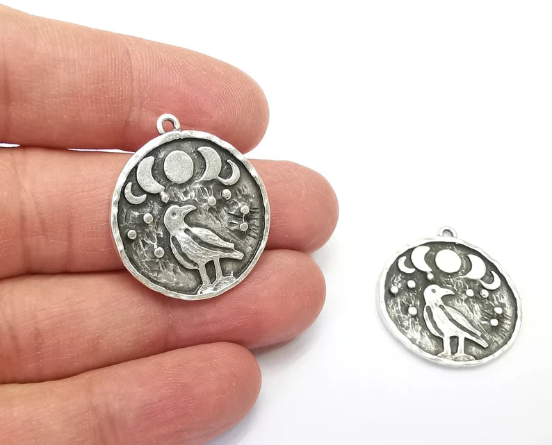 Raven Moon Charms Crescent Stars Charms Moonrise Pendant Antique Silver Plated Charms (30x26mm) G27857