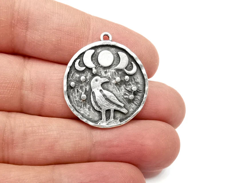 Raven Moon Charms Crescent Stars Charms Moonrise Pendant Antique Silver Plated Charms (30x26mm) G27857