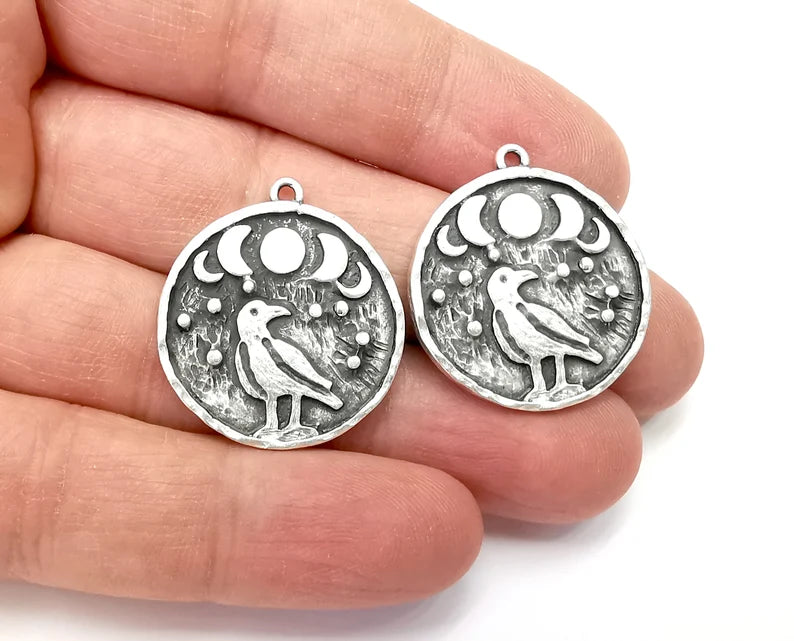 Raven Moon Charms Crescent Stars Charms Moonrise Pendant Antique Silver Plated Charms (30x26mm) G27857