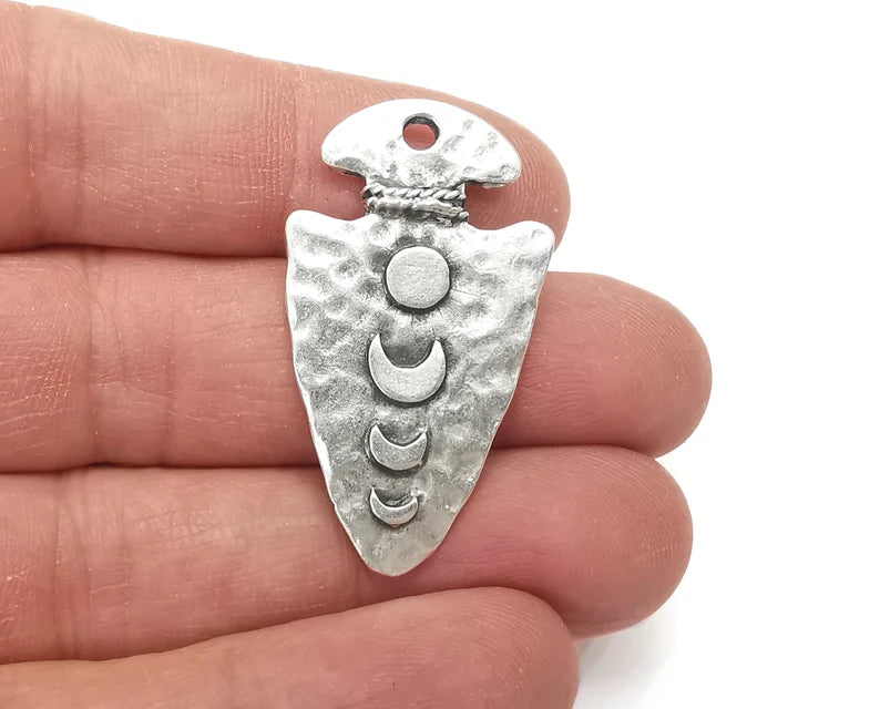 Moon Crescent Arrowhead Vase Charms Hammered Moonrise Ethnic Pendant (One side is blank) Antique Silver Plated (41x23mm) (4mm blank) G27858