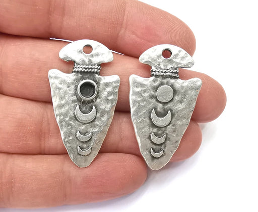 Moon Crescent Arrowhead Vase Charms Hammered Moonrise Ethnic Pendant (One side is blank) Antique Silver Plated (41x23mm) (4mm blank) G27858