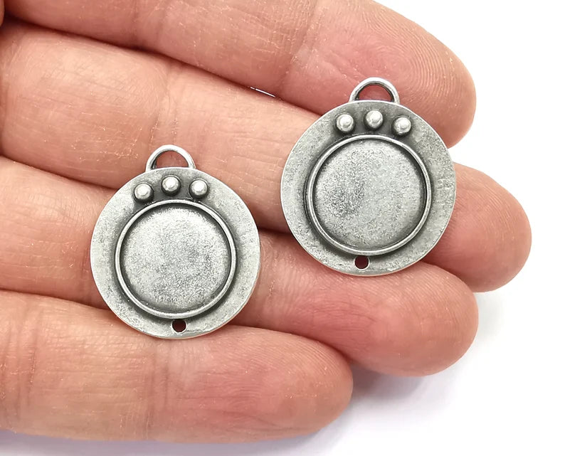 Ethnic Silver Charms Blank Resin Bezel Mounting Cabochon Base Setting Antique Silver Plated Charms 27x24mm (15mm Blank) G27721