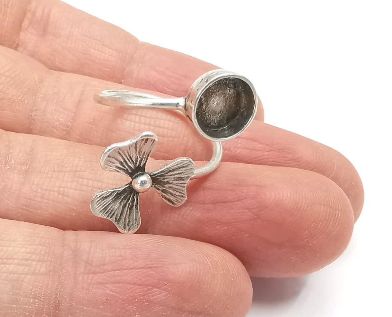 Flower Wrap Silver Ring Setting Blank Cabochon Mounting Adjustable Ring Base Bezel Antique Silver Plated Brass (8 Blank) G27722