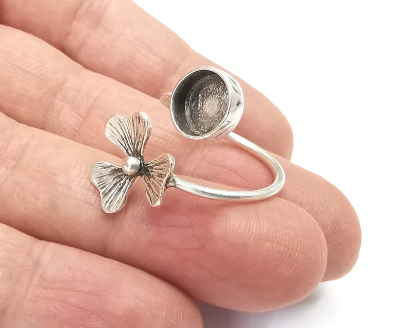 Flower Wrap Silver Ring Setting Blank Cabochon Mounting Adjustable Ring Base Bezel Antique Silver Plated Brass (8 Blank) G27722