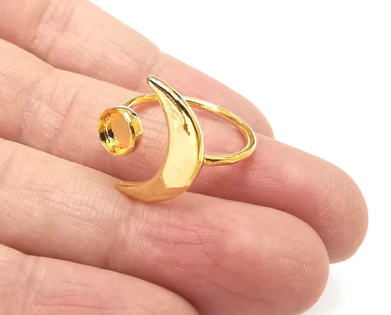 Crescent Moon Ring Blank Base Bezel Settings Cabochon Base Mountings Adjustable , Shiny Gold Plated Brass (6mm Blank) G27724