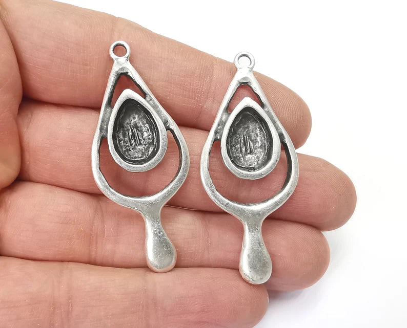 Drop Teardrop Silver Charm Blank Cabochon Base Antique Silver Plated Charms 52x22mm (14x10mm bezel) G27859