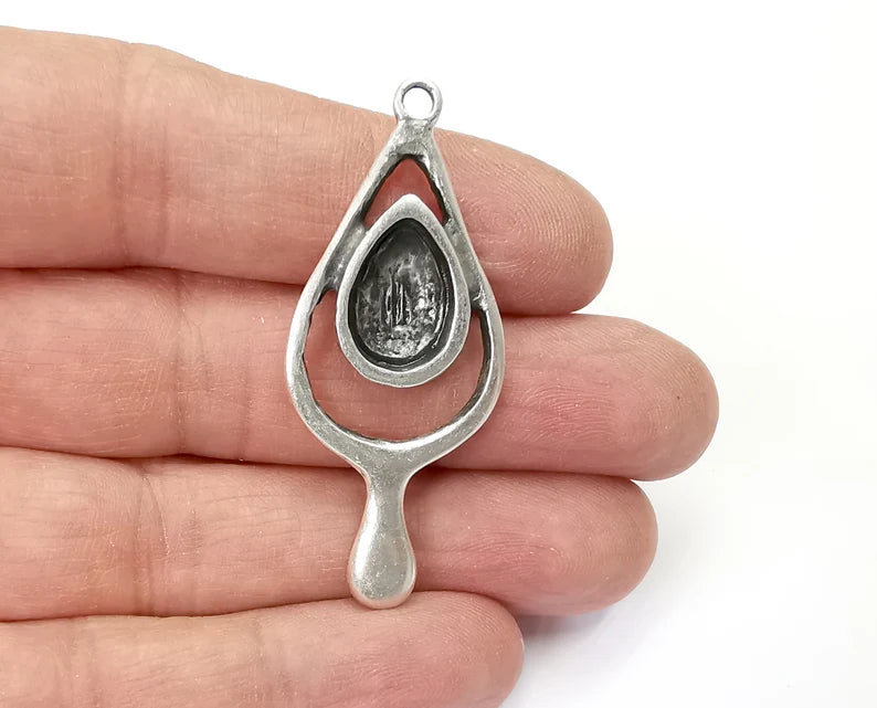 Drop Teardrop Silver Charm Blank Cabochon Base Antique Silver Plated Charms 52x22mm (14x10mm bezel) G27859