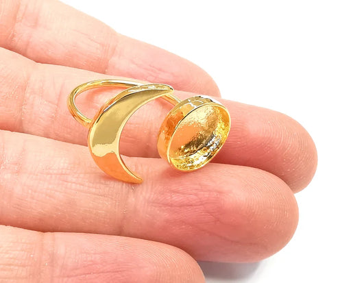 Crescent Moon Ring Blank Base Bezel Settings Cabochon Base Mountings Adjustable , Shiny Gold Plated Brass (12mm Blank) G27727