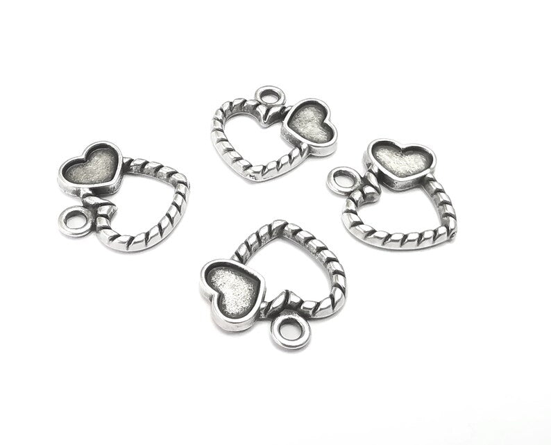 Heart Charms Blank Bezel Setting Antique Silver Plated Charms (18x18)(7mm blank) G27730