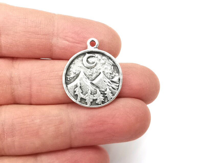 2 Mountain Landscape Pine Tree Crescent Moon Round Charms Pendant Antique Silver Plated Charms (26x22mm) G27736