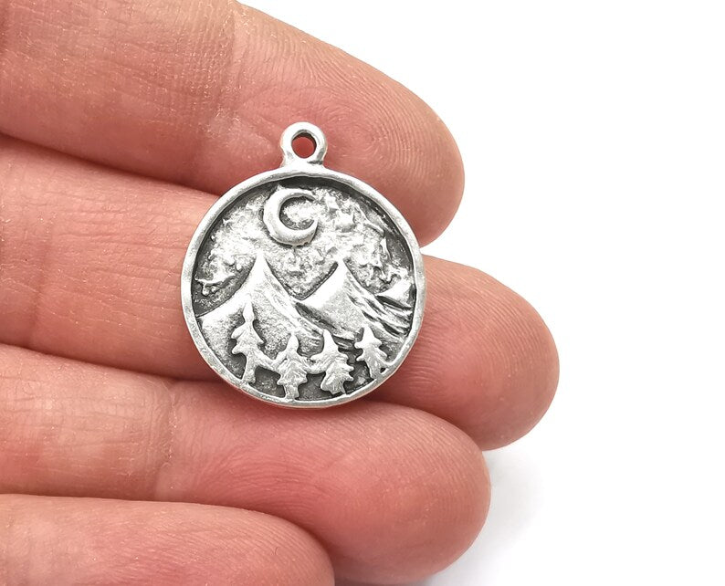 2 Mountain Landscape Pine Tree Crescent Moon Round Charms Pendant Antique Silver Plated Charms (26x22mm) G27736