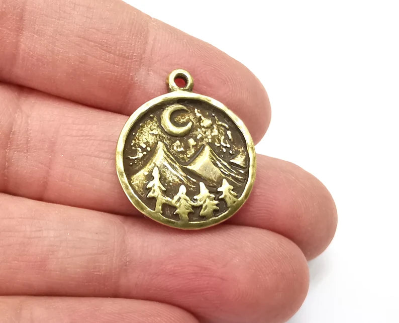 Mountain Landscape Pine Tree Crescent Moon Round Charms Pendant Antique Bronze Plated Charms (26x22mm) G27744