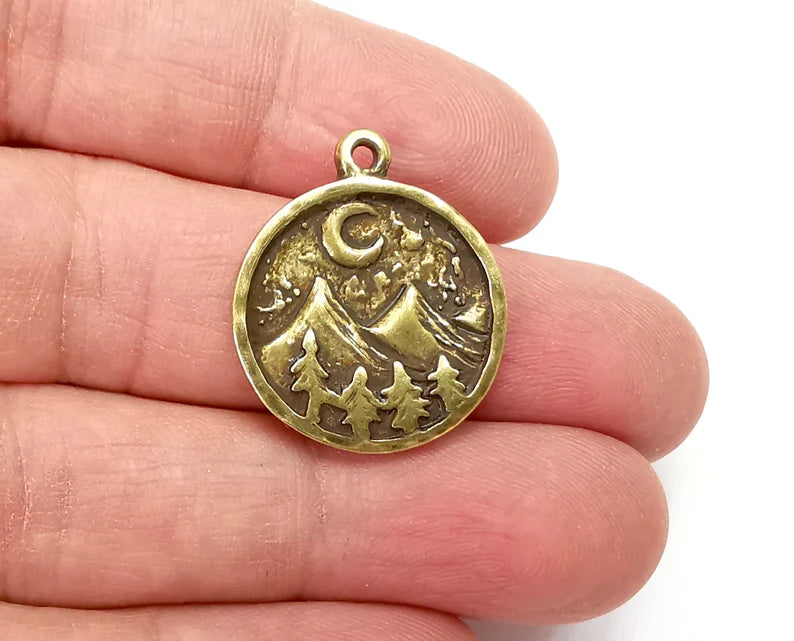 Mountain Landscape Pine Tree Crescent Moon Round Charms Pendant Antique Bronze Plated Charms (26x22mm) G27744