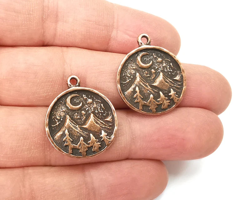 Mountain Landscape Pine Tree Crescent Moon Round Charms Pendant Antique Copper Plated Charms (26x22mm) G27750