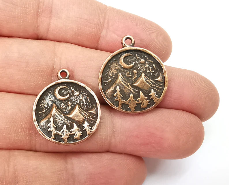 Mountain Landscape Pine Tree Crescent Moon Round Charms Pendant Antique Copper Plated Charms (26x22mm) G27750