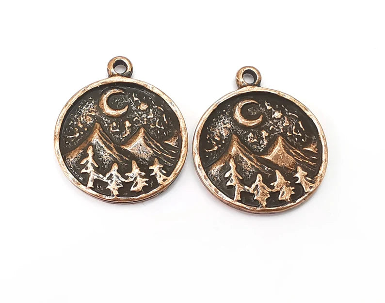 Mountain Landscape Pine Tree Crescent Moon Round Charms Pendant Antique Copper Plated Charms (26x22mm) G27750