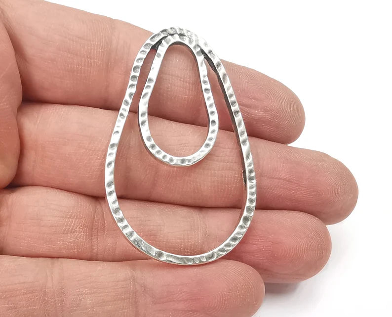 Hammered Drop Charms Antique Silver Plated Charm (54x34mm) G27894
