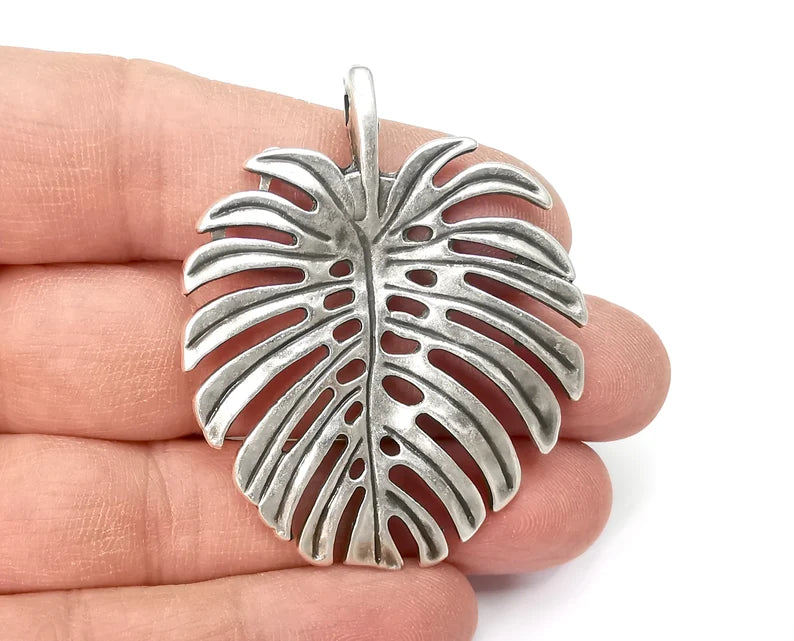 Monstera Leaf Charms Pendant Antique Silver Plated Pendant (54x44mm) G27898