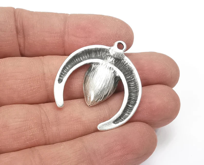 Crescent Seed Charms Pendant Antique Silver Plated Charms (34x31mm) (14x10mm) G27899