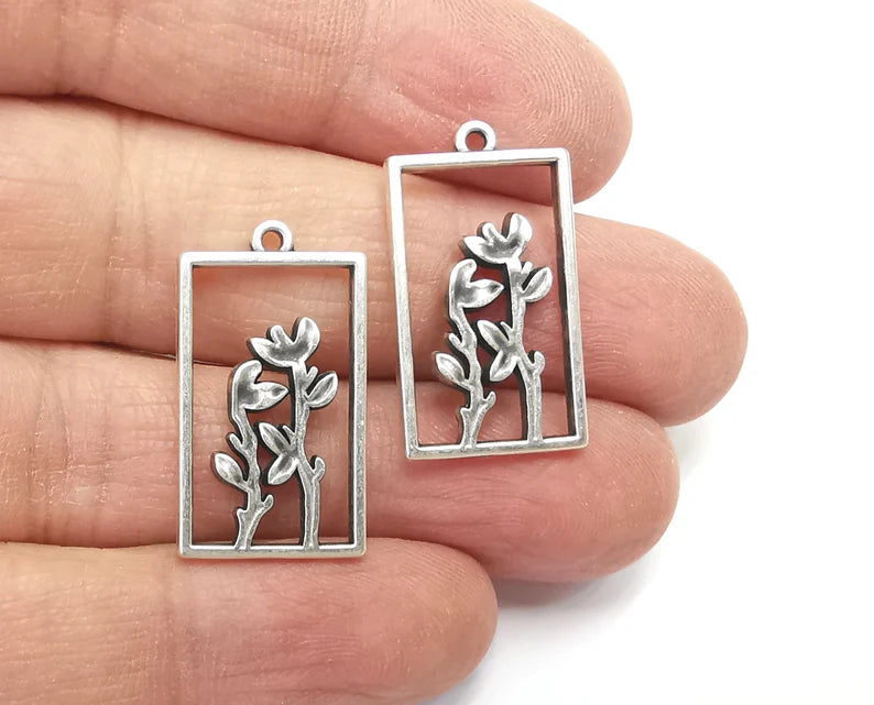 Flower Plant Charms Antique Silver Plated Charm (27x15mm) G27761