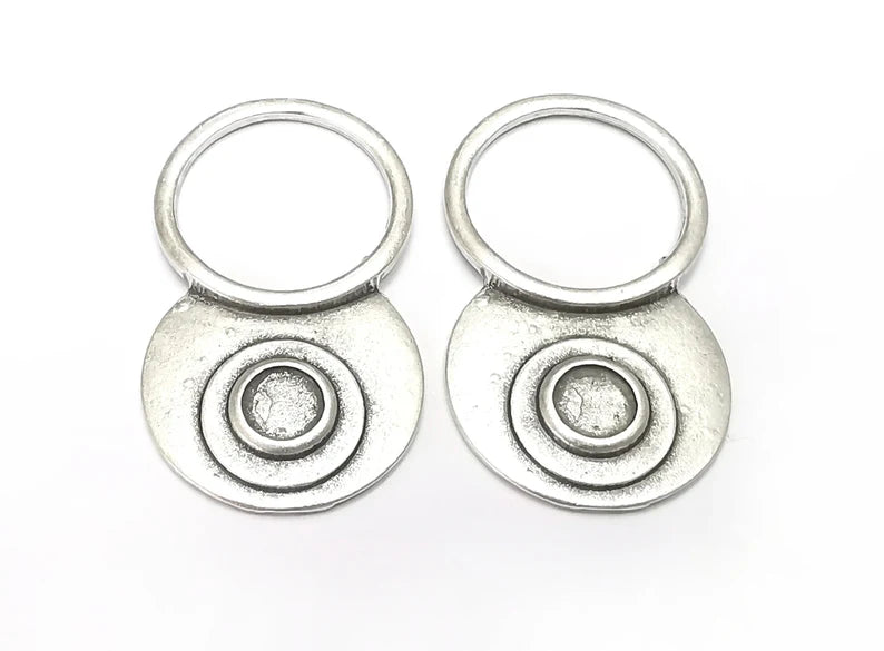 Circles Disc Silver Charm Blank Cabochon Base Antique Silver Plated Charms 44x25mm (7mm bezel) G27763