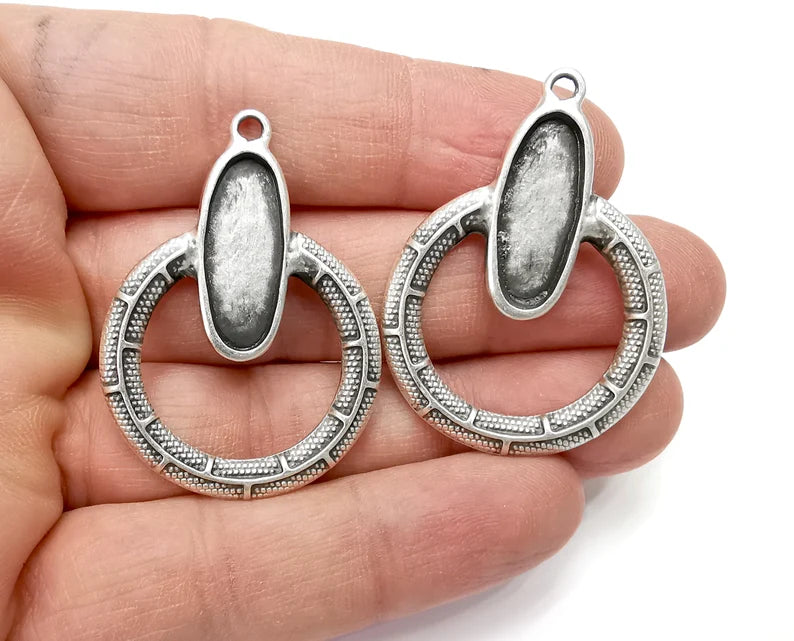 Serpentine Oval Charms Blank Resin Bezel Mounting Cabochon Base Setting Antique Silver Plated Charms (22x9mm Blank) G27915