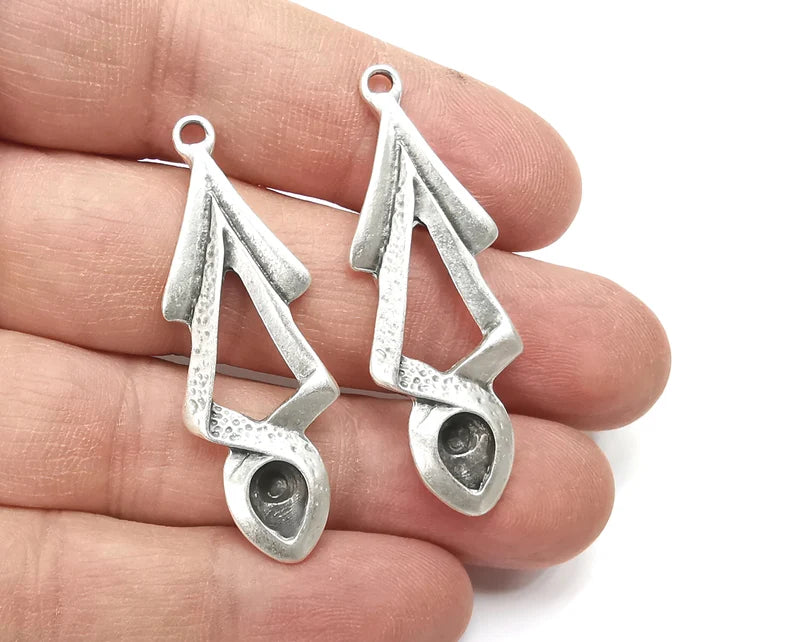 Silver Drop Charms Blank Resin Bezel Mounting Cabochon Base Setting Antique Silver Plated Charms (8x6mm Blank) G27916