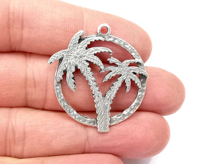 Palm Tree Round Charms Antique Silver Plated Charms (36x31mm) G27923