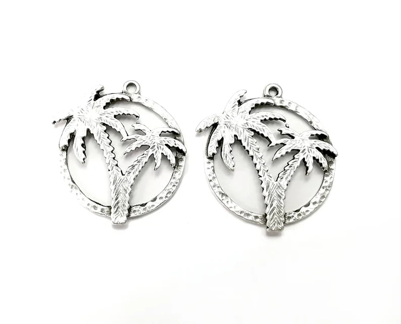 Palm Tree Round Charms Antique Silver Plated Charms (36x31mm) G27923